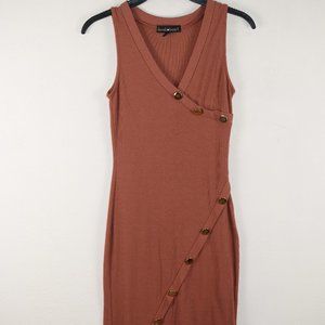 Derek Heart Brown Bodycon Dress Size Medium Ribbed with Gold Button Details